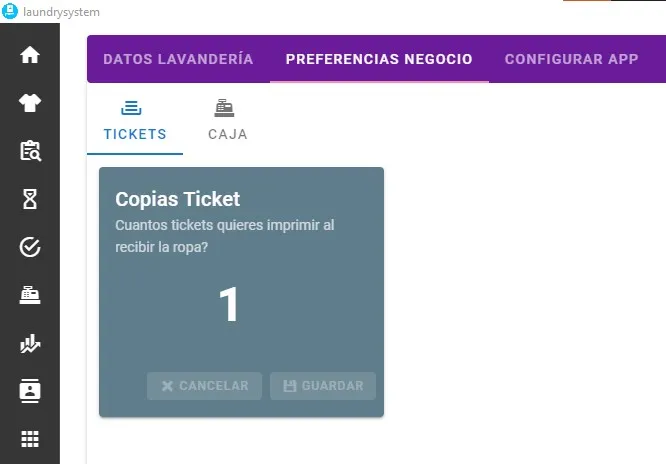 Screenshot laundry system software para lavanderías pantalla de configuración de tickes de venta para tu lavandería