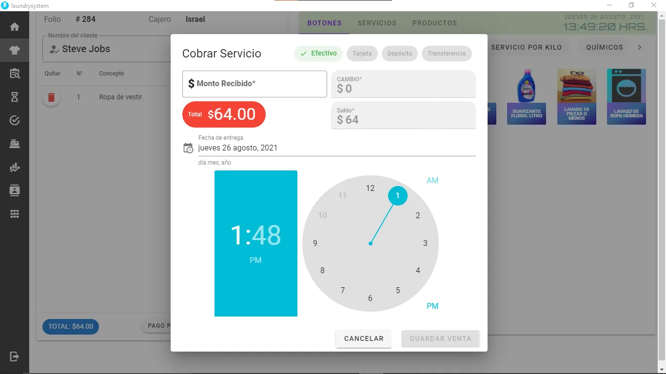 Screenshot laundry system software para lavanderías pantalla de recepción de ropa, ventas y cobro